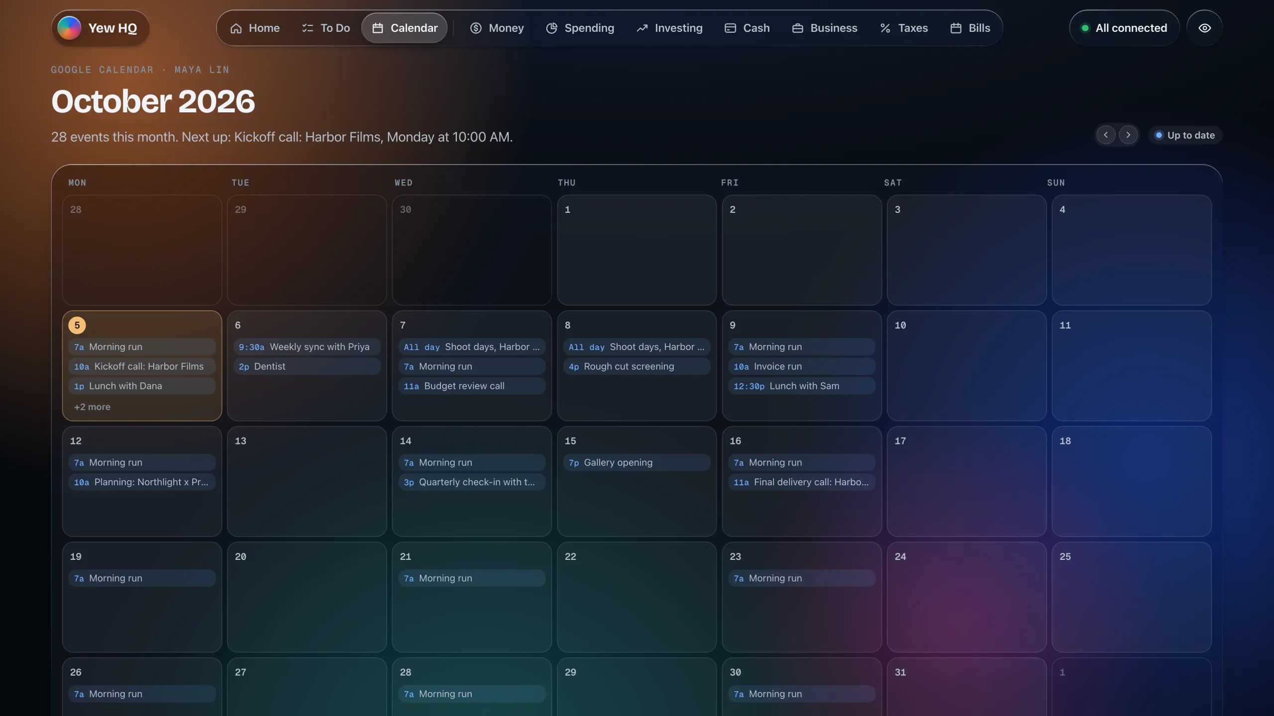 The Calendar screen showing one month of events.